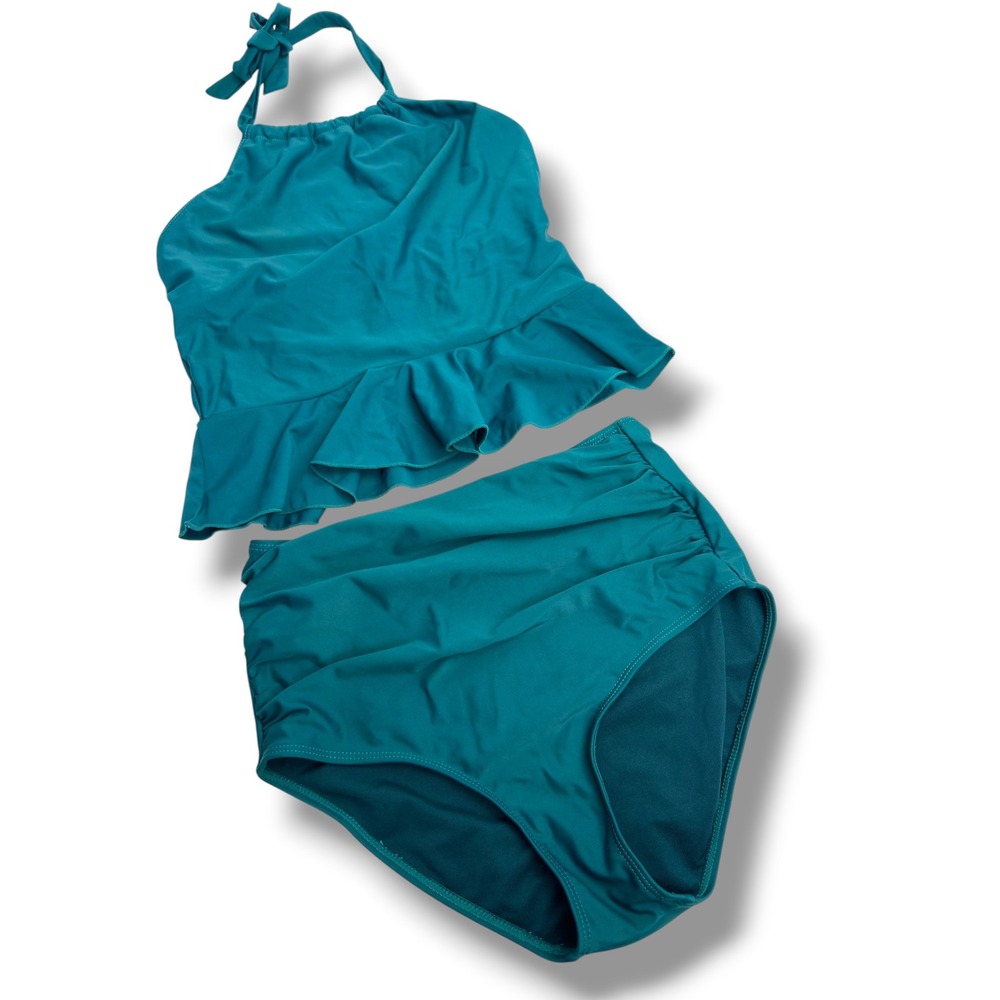 Janela Bay Tankini Swimsuit Women Small Teal Peplum Halter High Waist Ruched